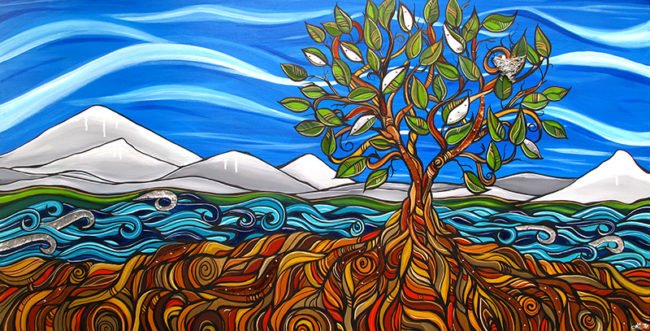 'Deeply Rooted' 30x60. Acrylic on canvas with sheet metal in waves & leaves, copper in roots. Painting by April Lacheur, metal work by Renato Horvath. SOLD