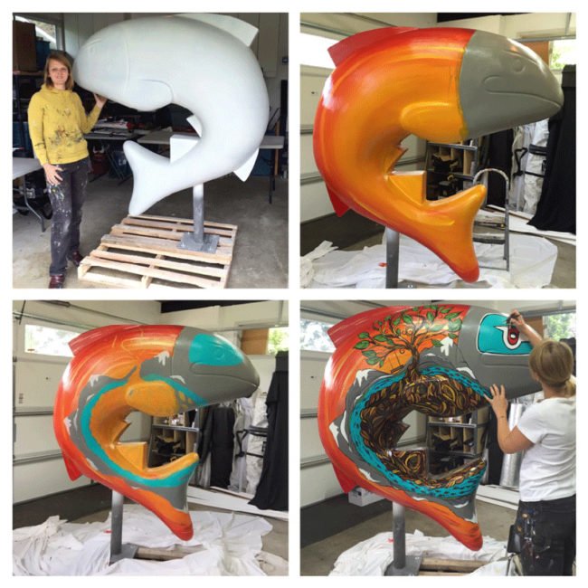 Painting Process. April's 'Quik the Salmon' 6x6 ft salmon sculpture painting commissioned by the City of Coquitlam for the 125 year anniversary 2016