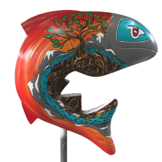 April's 'Quik the Salmon' 6x6ft salmon sculpture painting commissioned by the City of Coquitlam 2016