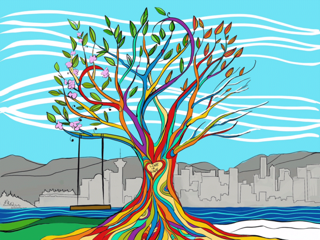This is a digital concept sketch of what I would like to create for VMF. Celebrating inclusion, diversity, our roots and the 4 seasons experienced in Vancouver.